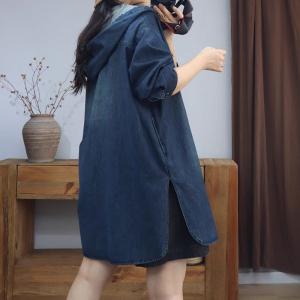 Dark Wash Side Slit Midi Hooded Jacket