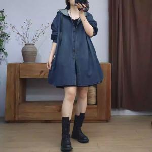 Dark Wash Side Slit Midi Hooded Jacket
