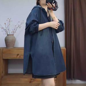 Dark Wash Side Slit Midi Hooded Jacket