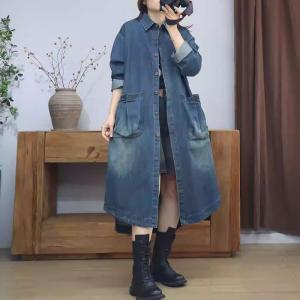Front Pocket Large Size Long Denim Jacket