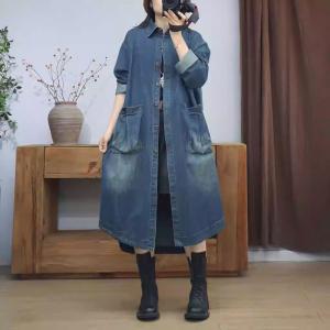 Front Pocket Large Size Long Denim Jacket
