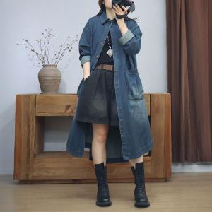 Front Pocket Large Size Long Denim Jacket