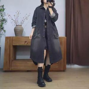 Front Pocket Large Size Long Denim Jacket