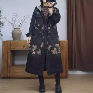 Rose Patterned Front Pockets Black Hooded Coat