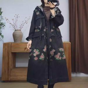 Rose Patterned Front Pockets Black Hooded Coat
