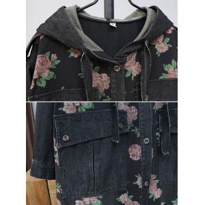 Rose Patterned Front Pockets Black Hooded Coat