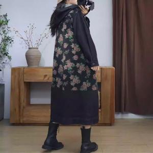Rose Patterned Front Pockets Black Hooded Coat