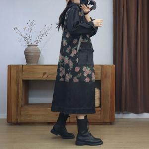 Rose Patterned Front Pockets Black Hooded Coat
