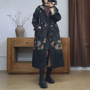 Rose Patterned Front Pockets Black Hooded Coat