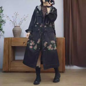 Rose Patterned Front Pockets Black Hooded Coat