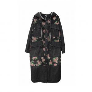 Rose Patterned Front Pockets Black Hooded Coat