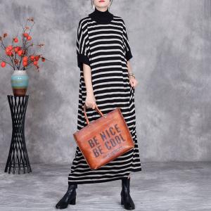 Half Sleeves Half Collar Striped Loose Jersey Dress