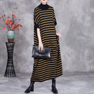Half Sleeves Half Collar Striped Loose Jersey Dress