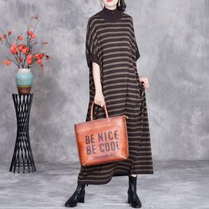 Half Sleeves Half Collar Striped Loose Jersey Dress
