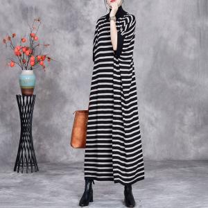 Half Sleeves Half Collar Striped Loose Jersey Dress