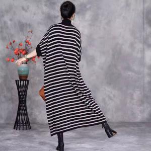 Half Sleeves Half Collar Striped Loose Jersey Dress
