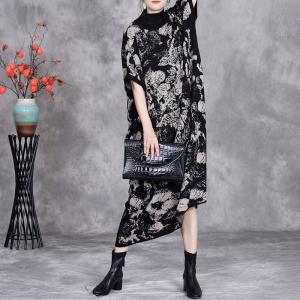 High Collar Flowers Printed Knitted Sweater Dress
