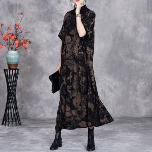 High Collar Flowers Printed Knitted Sweater Dress