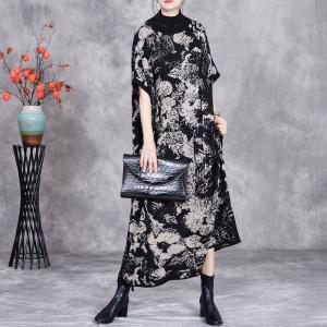 High Collar Flowers Printed Knitted Sweater Dress