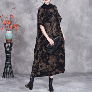 High Collar Flowers Printed Knitted Sweater Dress