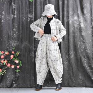 Stand Collar Printed Folk Customized Beige Jacket