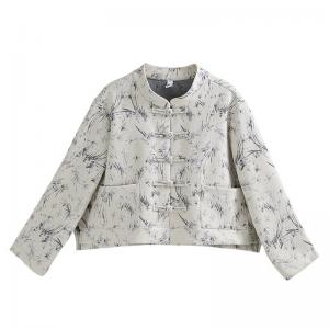 Stand Collar Printed Folk Customized Beige Jacket
