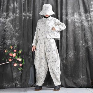 Stand Collar Printed Folk Customized Beige Jacket