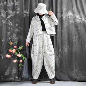 Stand Collar Printed Folk Customized Beige Jacket