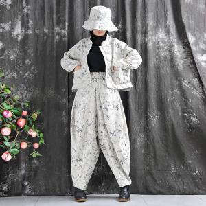 Stand Collar Printed Folk Customized Beige Jacket