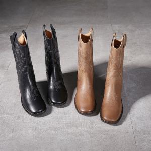 Pointed Toe Chunky Heels Mid-Calf Cowboy Boots