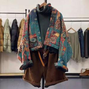 Vintage Bohemian Patchwork Jacket Ethnic Batwing Sleeve Padded Coat
