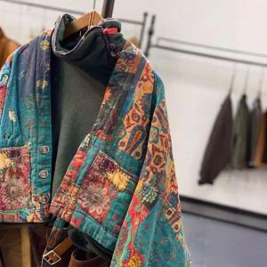 Vintage Bohemian Patchwork Jacket Ethnic Batwing Sleeve Padded Coat