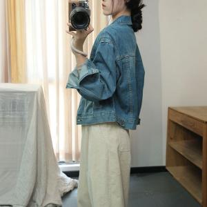 Korean Style Single Breasted Polo Collar Denim Jacket