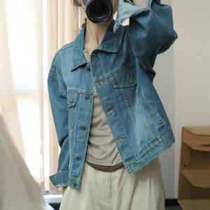 Korean Style Single Breasted Polo Collar Denim Jacket