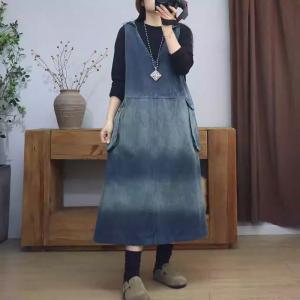 Color Fading C-Neck Sleeveless Hooded Jean Dress