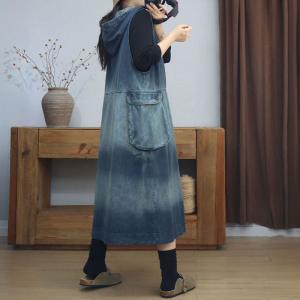 Color Fading C-Neck Sleeveless Hooded Jean Dress