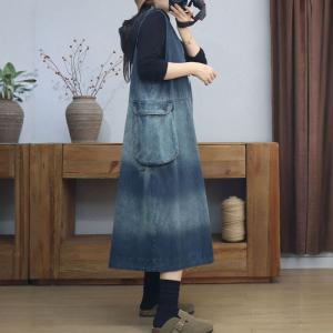 Color Fading C-Neck Sleeveless Hooded Jean Dress