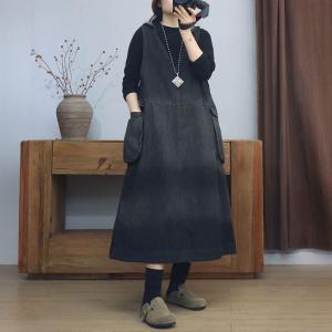 Color Fading C-Neck Sleeveless Hooded Jean Dress
