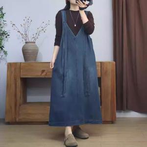 Long Straps V-Neck Loose A-Line Denim Dress