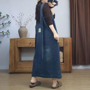 Long Straps V-Neck Loose A-Line Denim Dress