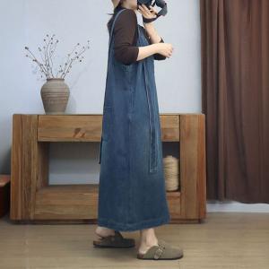 Long Straps V-Neck Loose A-Line Denim Dress