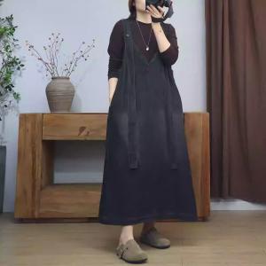Long Straps V-Neck Loose A-Line Denim Dress