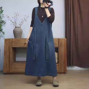 Long Straps V-Neck Loose A-Line Denim Dress