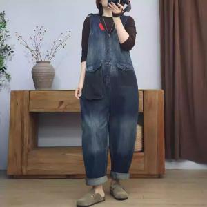 Stone Wash V-Neck Front Pockets Sleeveless Jumpsuits