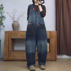 Stone Wash V-Neck Front Pockets Sleeveless Jumpsuits