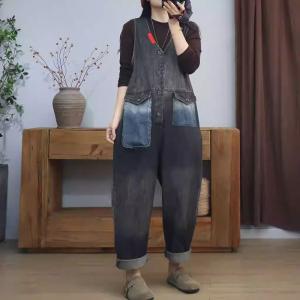 Stone Wash V-Neck Front Pockets Sleeveless Jumpsuits