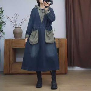 Contrast Colors High Waist Hooded Flowing Jean Dress