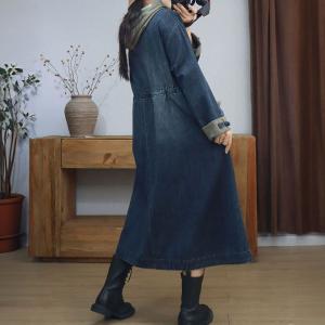 Contrast Colors High Waist Hooded Flowing Jean Dress