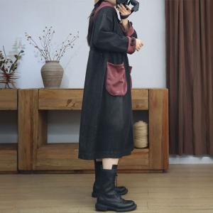 Contrast Colors High Waist Hooded Flowing Jean Dress