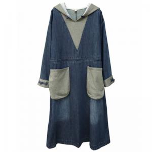 Contrast Colors High Waist Hooded Flowing Jean Dress
